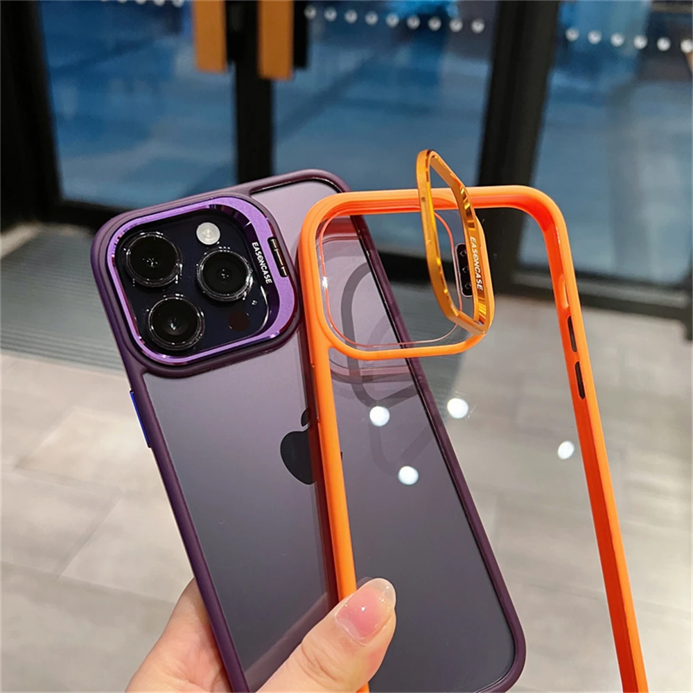 Lens Metal Ring Stand Phone Case For IPhone 15 12 13 14 16 Pro Max Plus 11 Camera Glass Protection Transparent Shockproof Cover