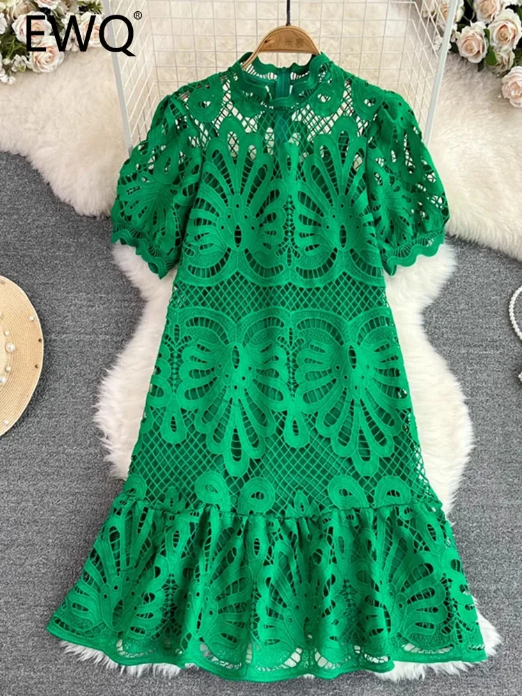 EWQ Summer Casual A-line Dress For Women Puff Sleeves Hollow Out Design Mid Length Solid Color Dresses 2024 New Clothing 27C160