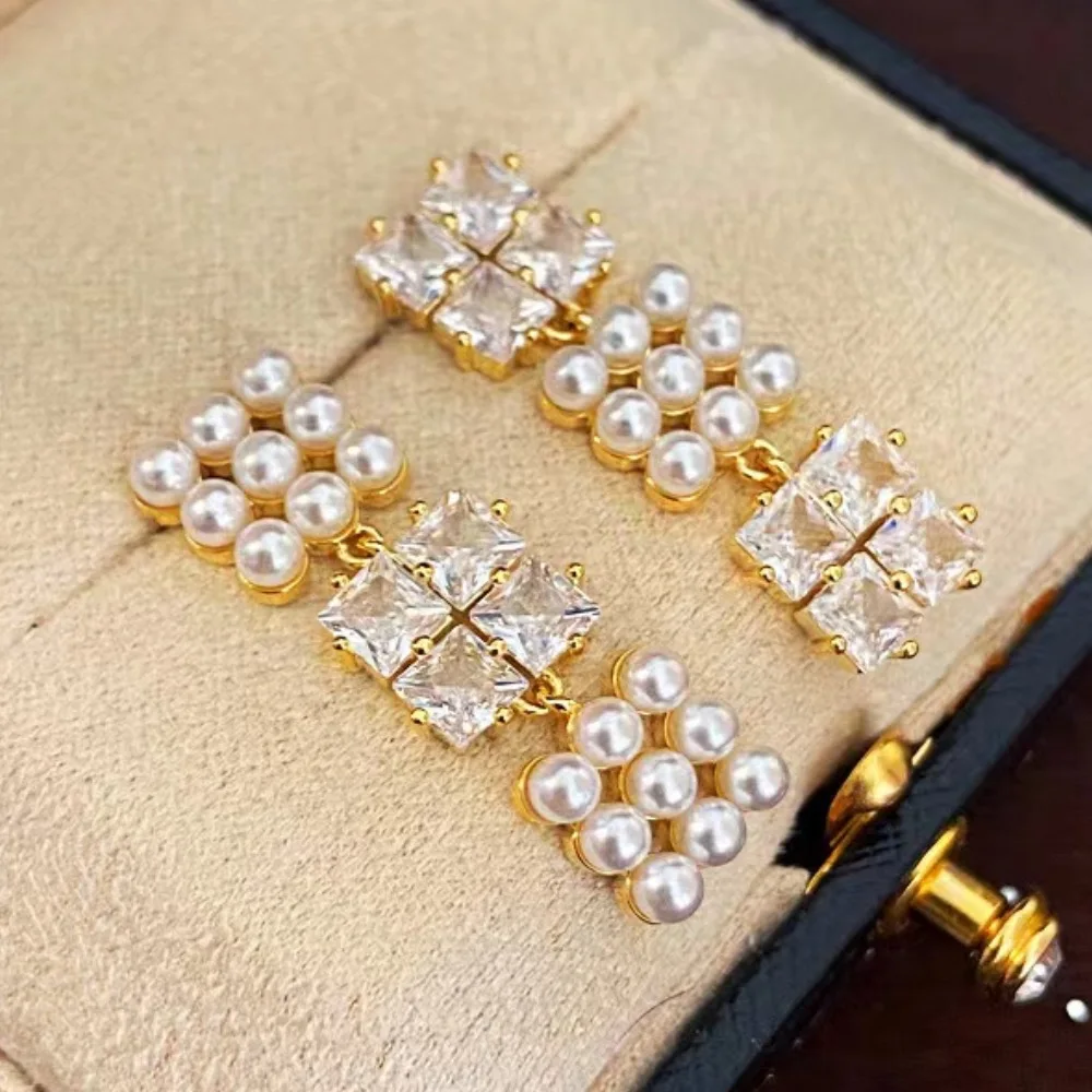 

Rectangular pendant earrings, sparkling zircon imitation pearls. Fashionable and luxurious women's long earrings. Christmas gift