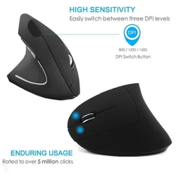 Mouse sem fio ergonômico vertical, recarregável, usb, 2 ghz, 6 botões, led, 3d, para pc, laptop