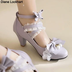 Spike Heel Princess Lolita Shoes Fashion Retro Women Cross Strap High Heels Bow Round Toe Ladies Leather Sweet Pumps Pink Black