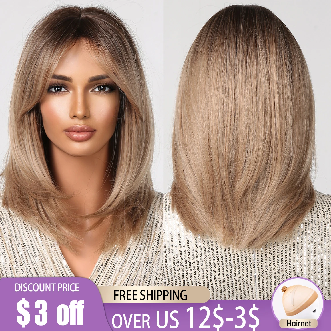 Light Brown Ombre Synthetic Wigs Short Straight Layered Wig with Bangs for Women Ash Blonde Daily Party HeatResistant Fake Hairs