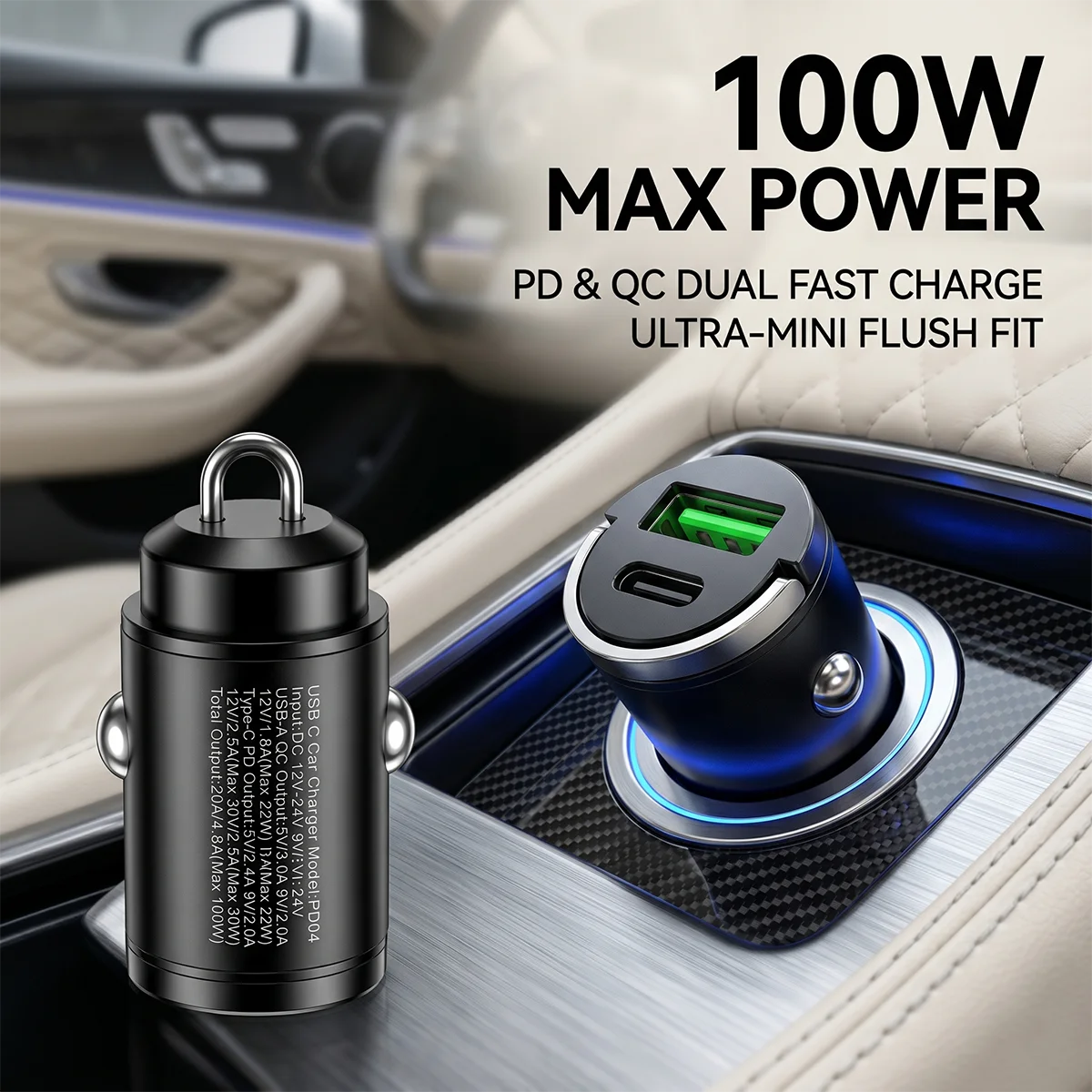 Mini Stealth Car Charger 100W Dual Port PD QC Fast Charging Auto Adapter Metal Pull Ring Non Slip Smart Protection For 12V 24V