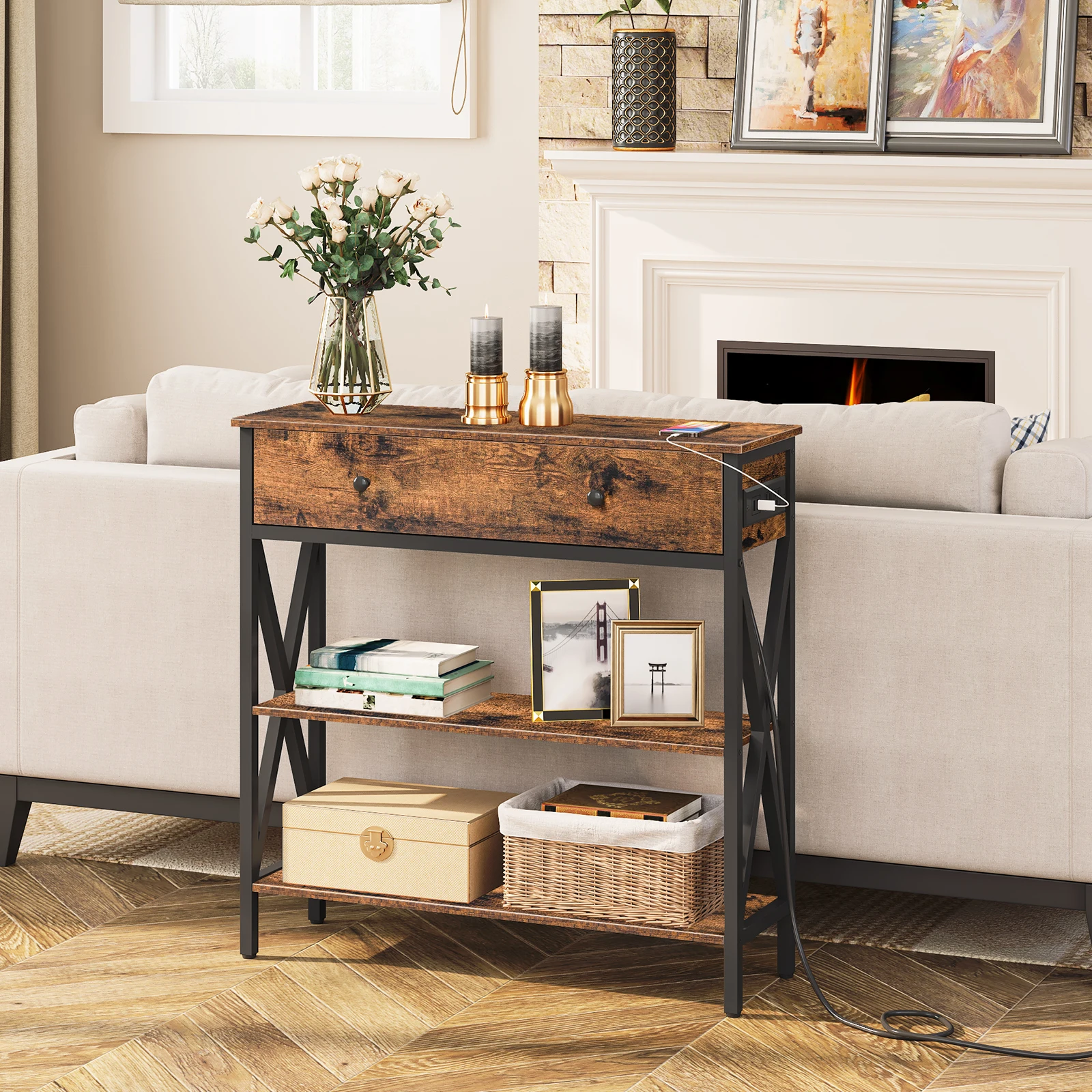 Console Table with Outlets and USB Ports Narrow Entryway Table with Drawer Small Sofa Table with 2 Storage Shelves Behind Couch