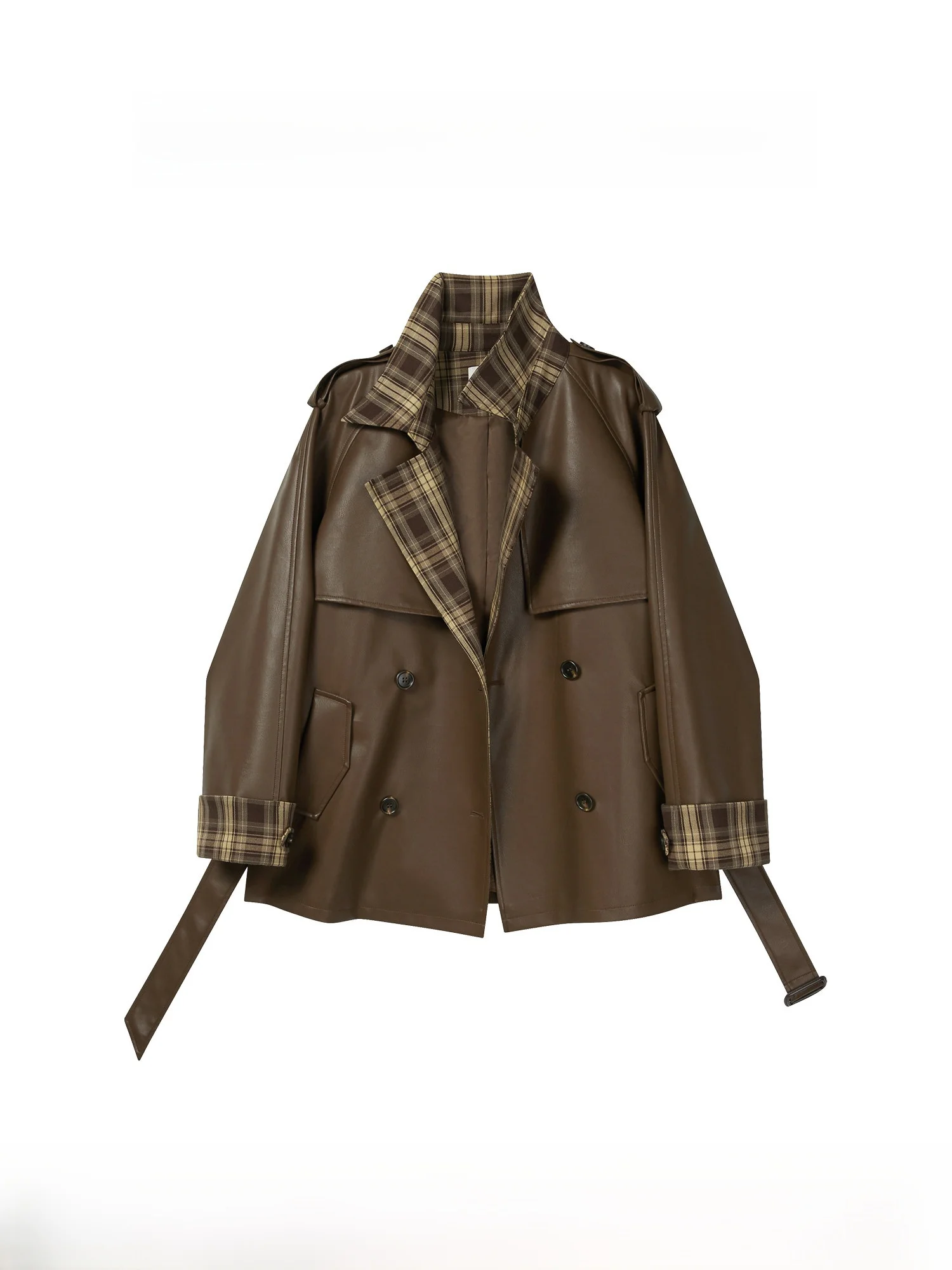 

American Retro Plaid Leather Jaet Women's Loose Top Autumn High Sensation Yanheng S S Coat Double Breasted Long S...