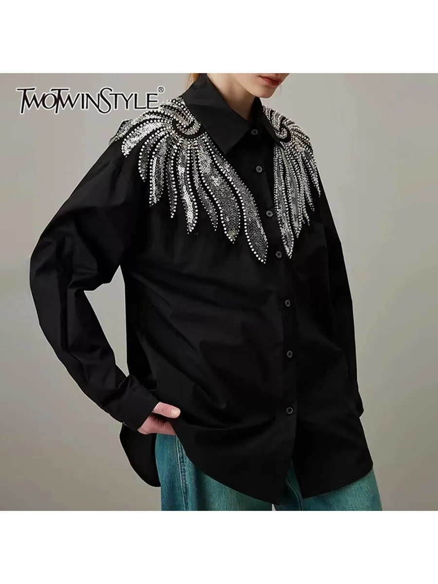

TWOTWINSTYLE Solid Spliced Button Loose Blouses For Women Lapel Long Sleeve Temperameng Minimalist Elegant Shirt Female Fashion