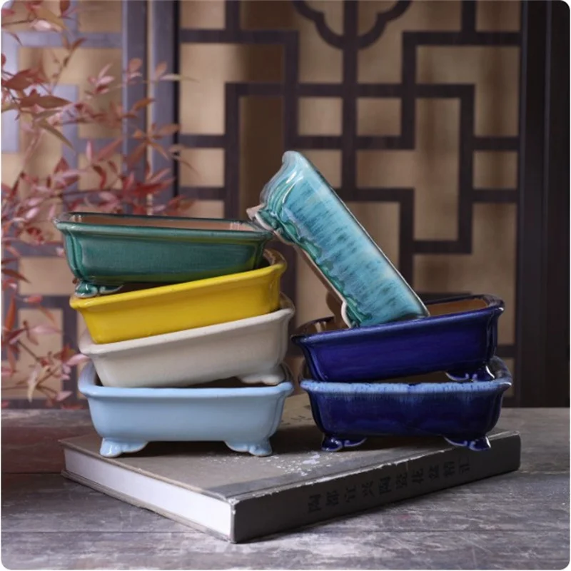 Porcelain Glazed Rectangle Bonsai Pot,Round,Small,Tradition Chinese Transmutation Color,Dormitory Room Table Garden Decoration