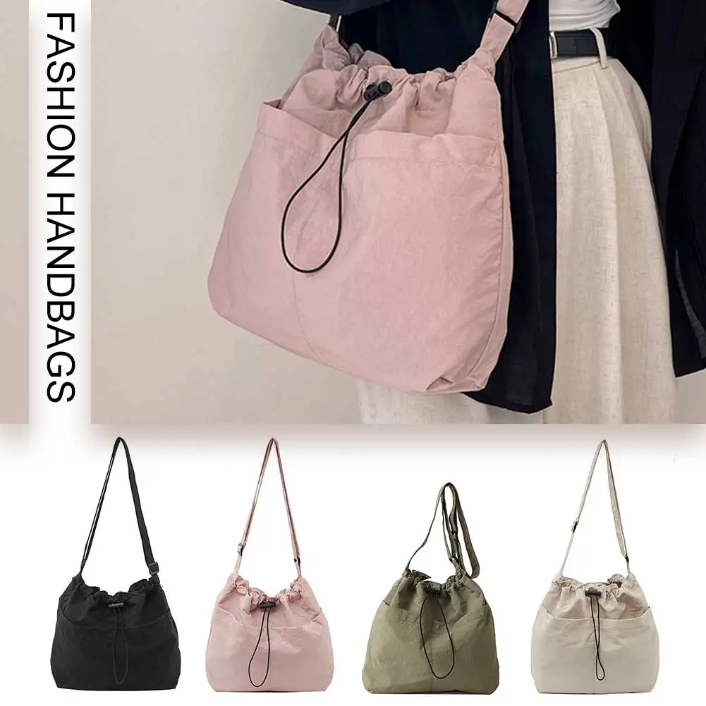 

Women Simple Messenger Bag Large Capacity Nylon Drawstring Bucket Bag Adjustable Strap Multi-pockets for Work Vacation