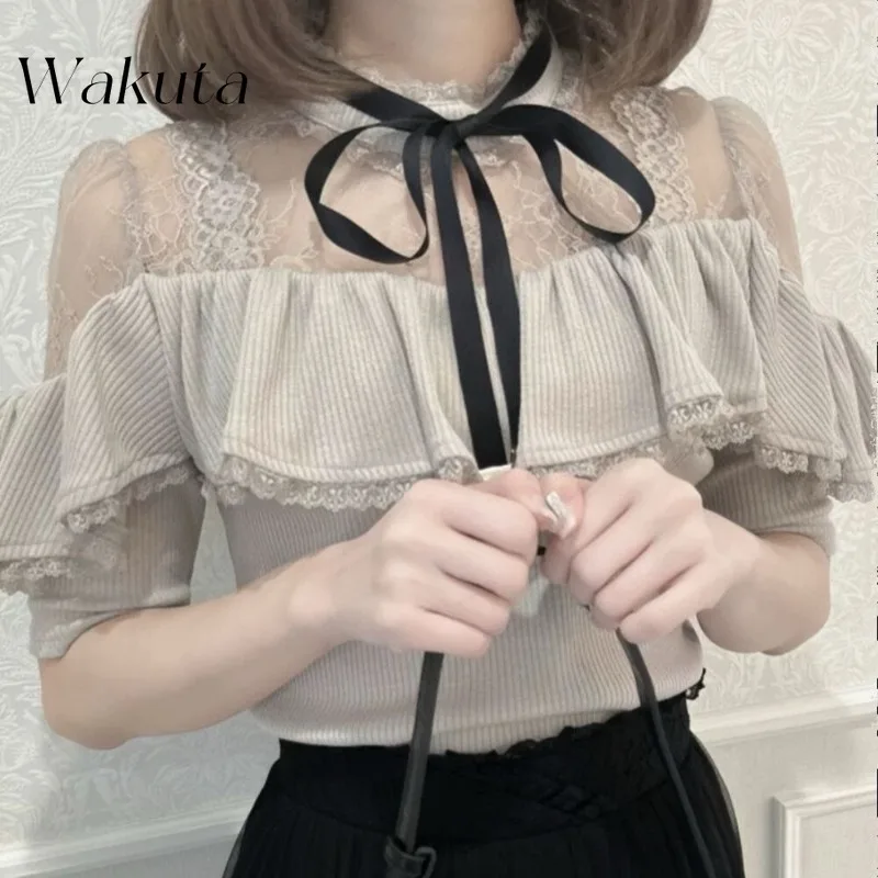 WAKUTA Japan and South Korea Classic Round Neck Long-sleeved Lace Splicing Strapless Fake Two-piece Sweet Knit Sweaters 여성 반팔 니트