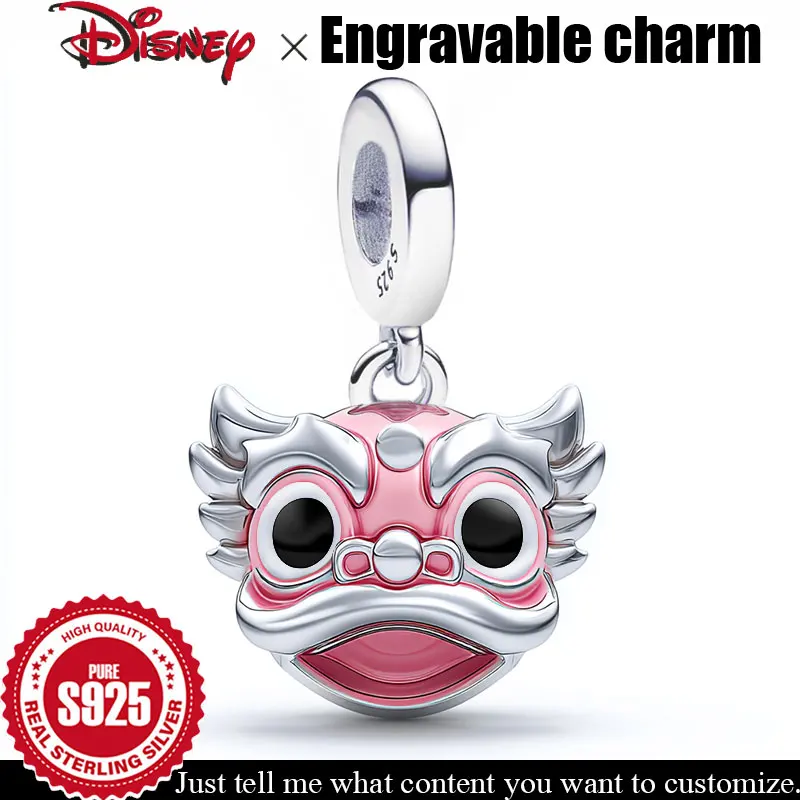 

Customizable Beads S925 Sterling Silver Engravable Charm Pink Enamel Lion Dance Dangle Charms DIY Bracelet Pendant Fine Jewelry