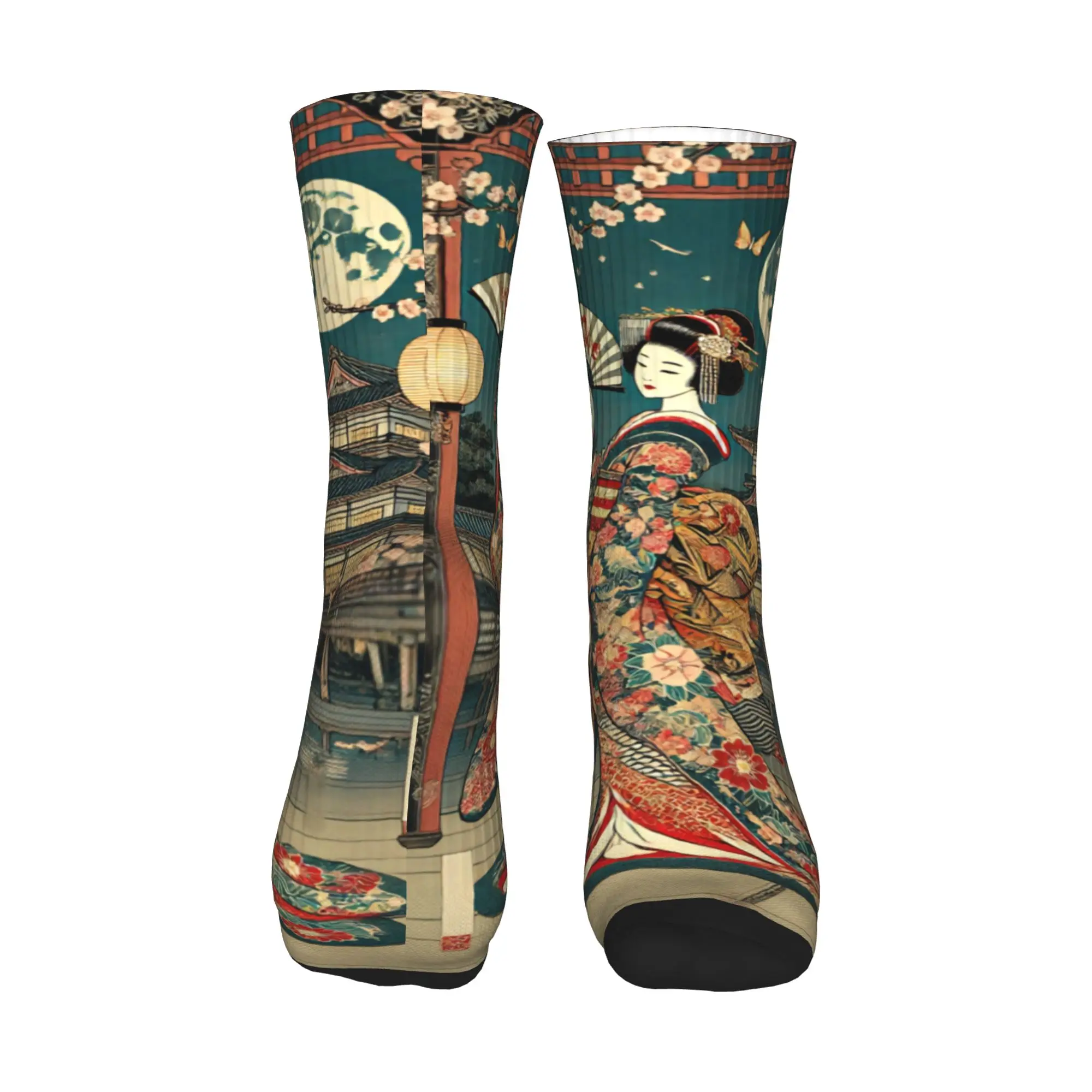 Kawaii Three Kimono Ladies Moon Sakura Ukiyo-e Oriental Fantasy  Socks Women Men Warm 3D Printing  Sports Basketball Socks