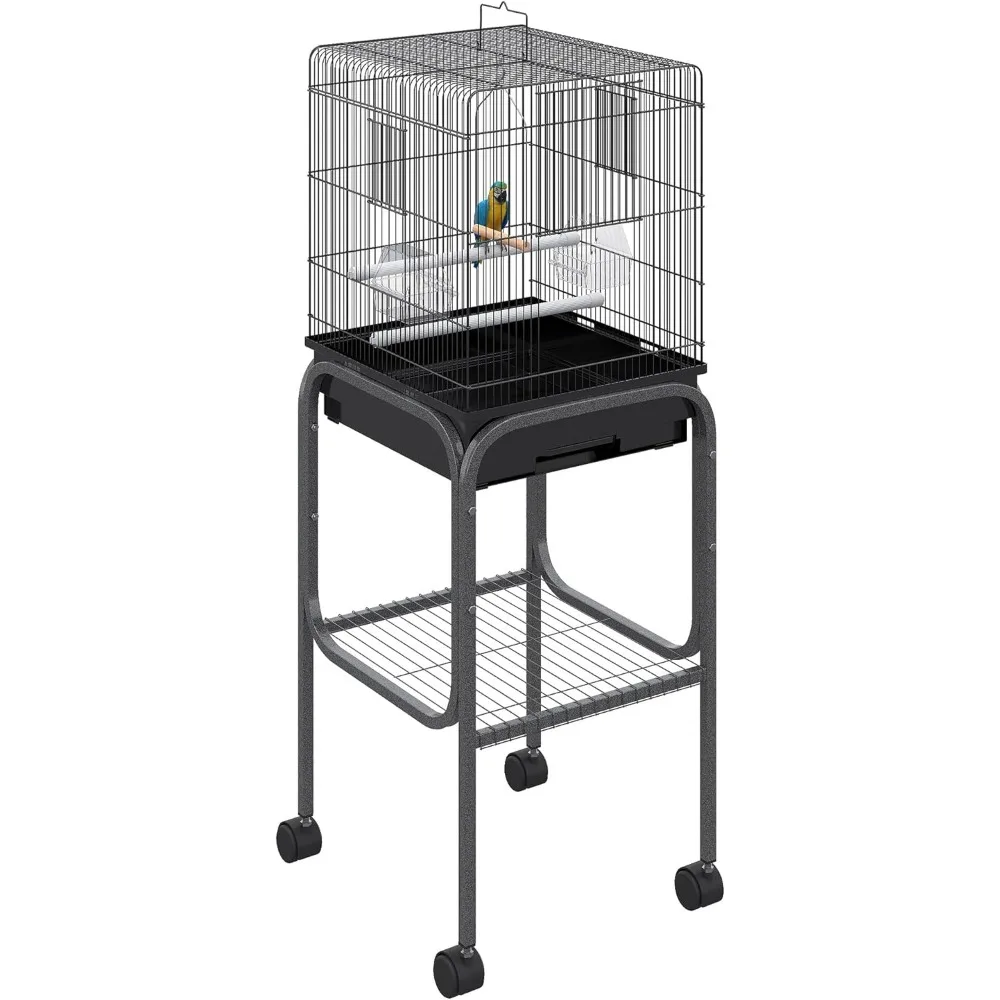 

45-inch Metal Indoor Bird Cage, Parrot Cage, Bird Aviary with Detachable Rolling Stand, Storage Basket, and Accessories - Black