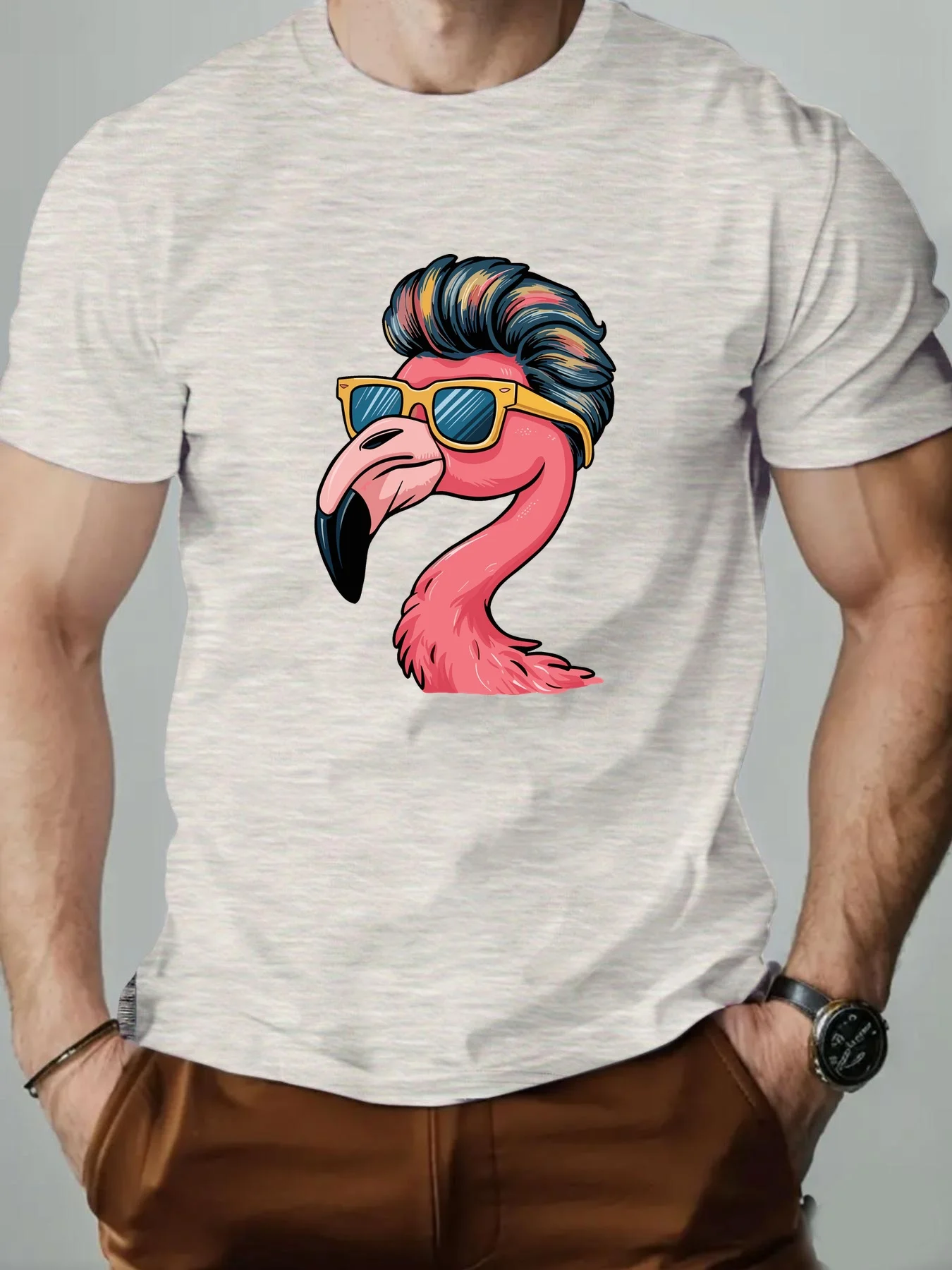 Men's Casual T-Shirt Cool Flamingo with Sunglasses Print Short Sleeve O-Neck Cotton Blend Streetwear Tops