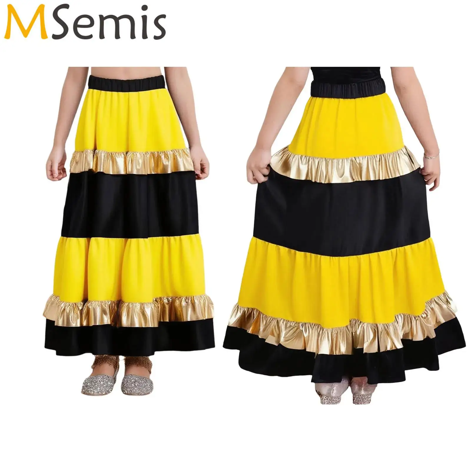 Kids Girls Tiered Ruffled Satiny Waltz Flamenco Spanish Big Swing Maxi Skirts Metallic Shiny Ballroom Dance Performance Costume
