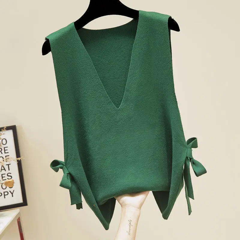 

2024 New Spring Autumn Women Office Lady Knitted Vests Solid Loose Sweaters Female V-Neck Bow Sleeveless Outerwear B71