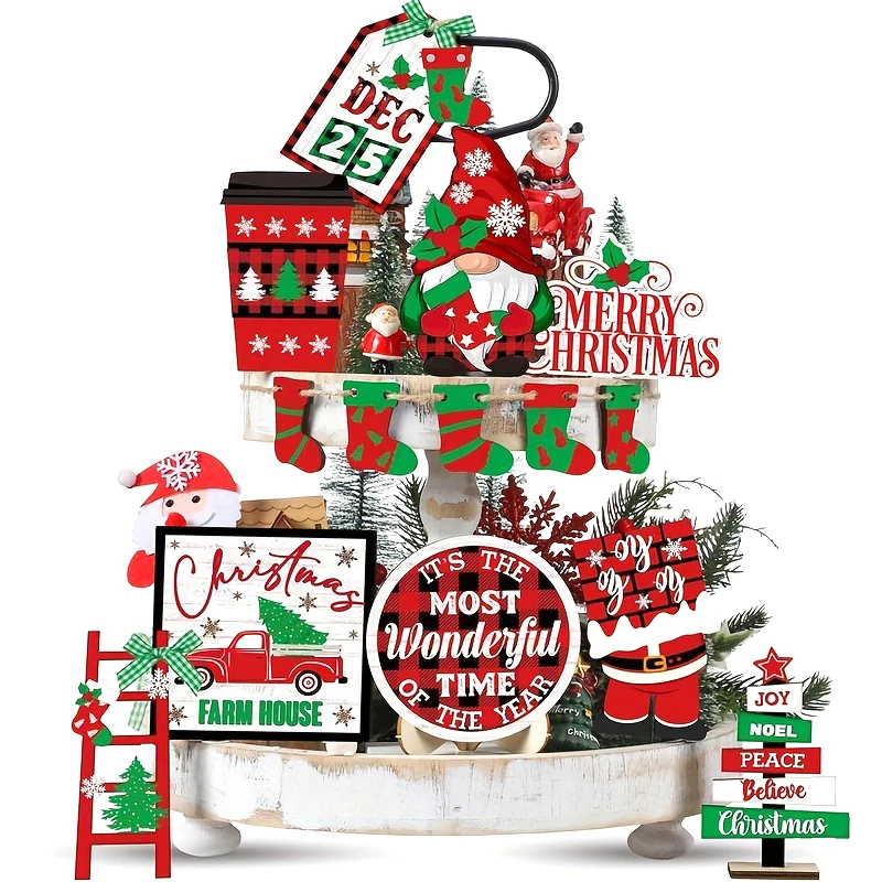 14 Uds. Decoración navideña de bandeja escalonada, medias navideñas, camión Gnomo, carteles de madera de Feliz Navidad, decoraciones de mesa navideñas