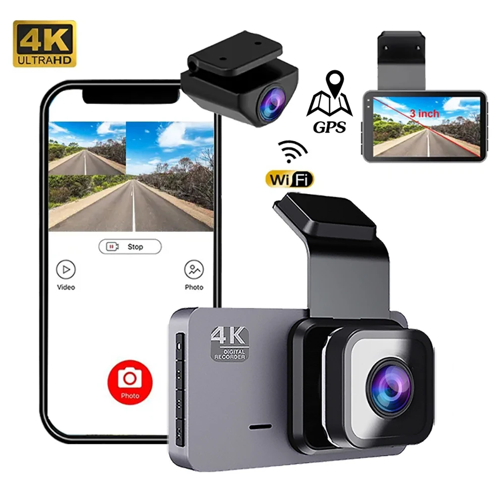 4K Car DVR WiFi GPS Dash Cam Rear View Reversing Camera 2160P Drive Video Recorder Auto Parking Monitor Night Vision Black Box