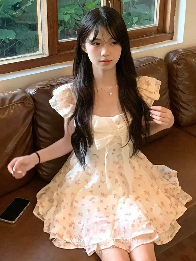 Bloemen Mini Jurk Vrouwen Zoete Zomer Strik Pure Prinses Mouwloze Humeur A-Lijn Vestidos Meisjes Trendy Esthetische Streetwear Chic