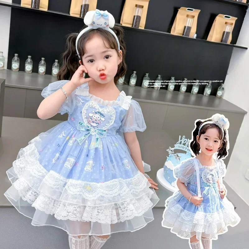 Anime Sanrio Meisjes Lolita Prinsessenjurk Formele Jurk Schattige Cartoon Cinnamoroll Zomerjurk Sling Mesh Tuu Rok Kinderkleding