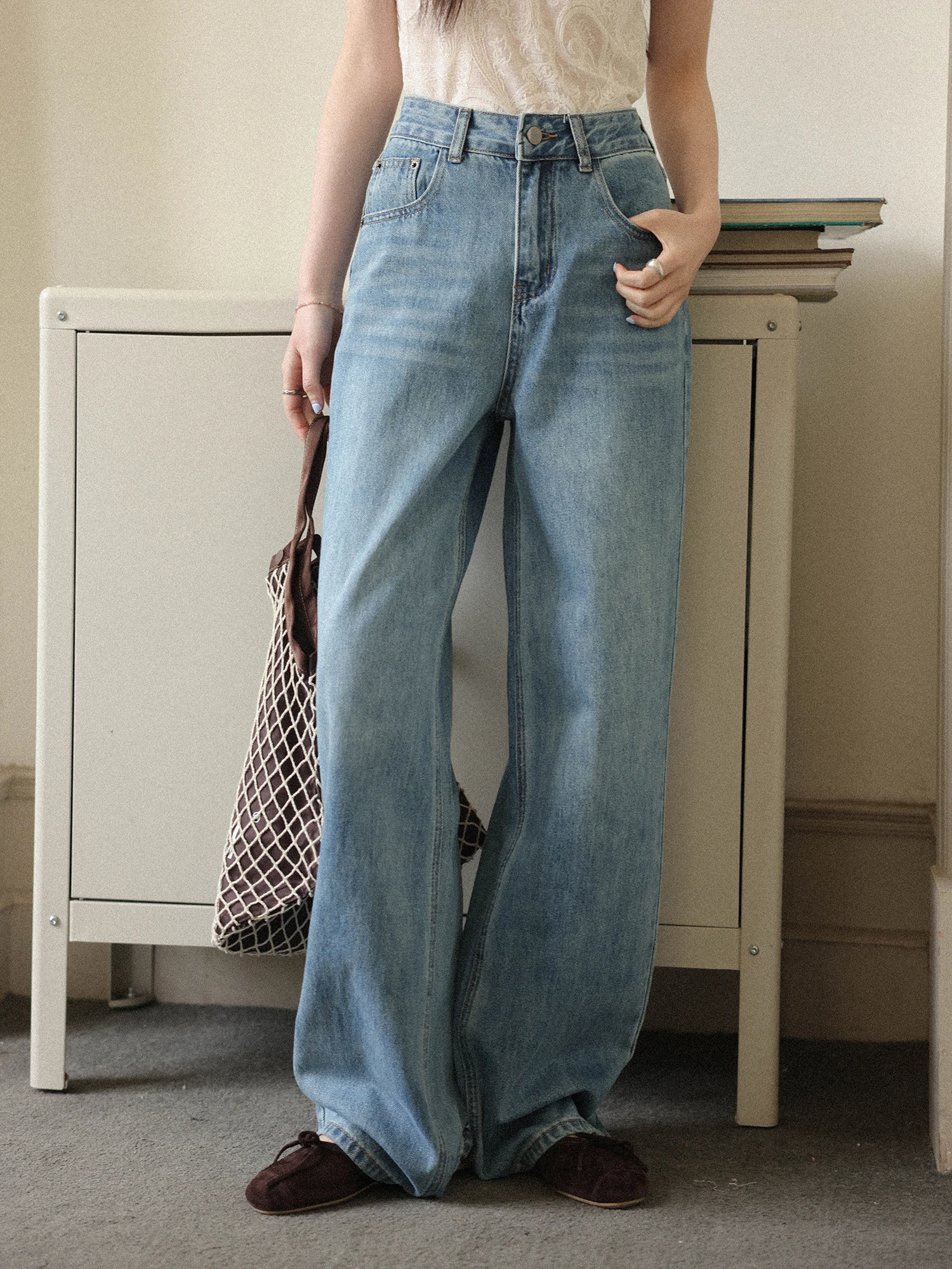 

Джинсы Dream Home в стиле ретро, однотонные, универсальные, широкие, с высокой талией, на молнии, весенняя коллекция, женская мода