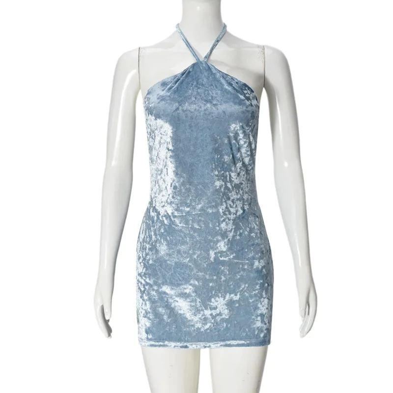Mini robe Sexy en velours découpée, dos nu, Chic, bleu, col licou, extensible, moulante, tendance, robe de plage, de soirée, pour femmes, nouvelle collection été