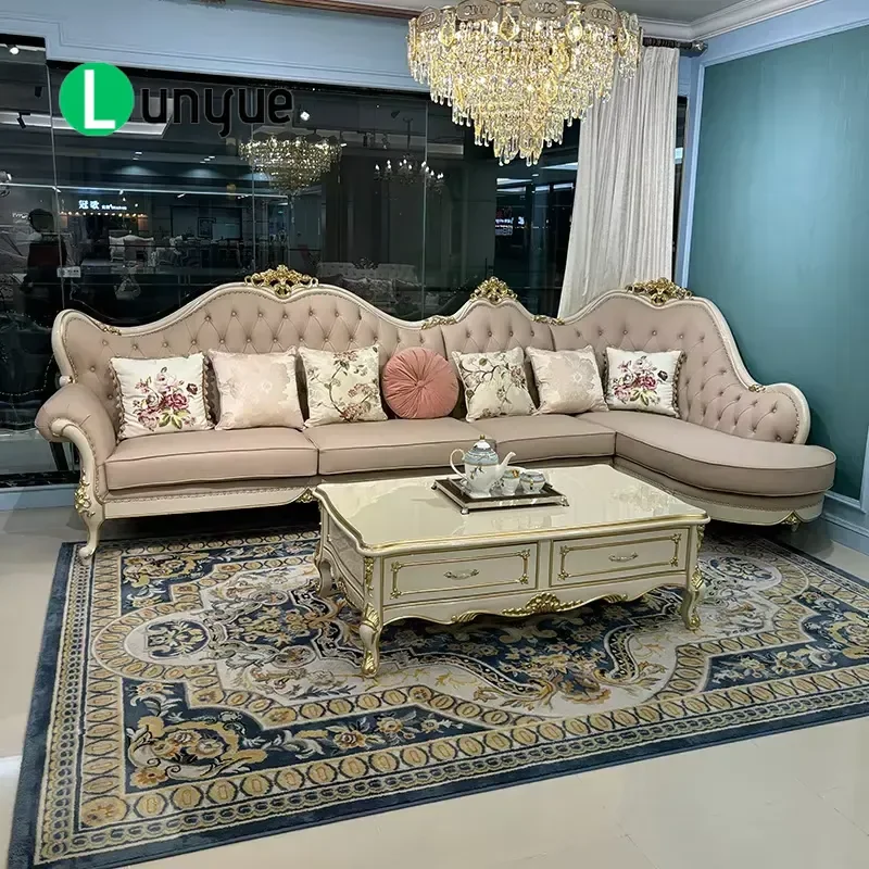 European Neoclassical Corner Sofa Luxury Solid Wood Frame Warm Gray Leather Combination Sofa Bed for Living Room Elegant