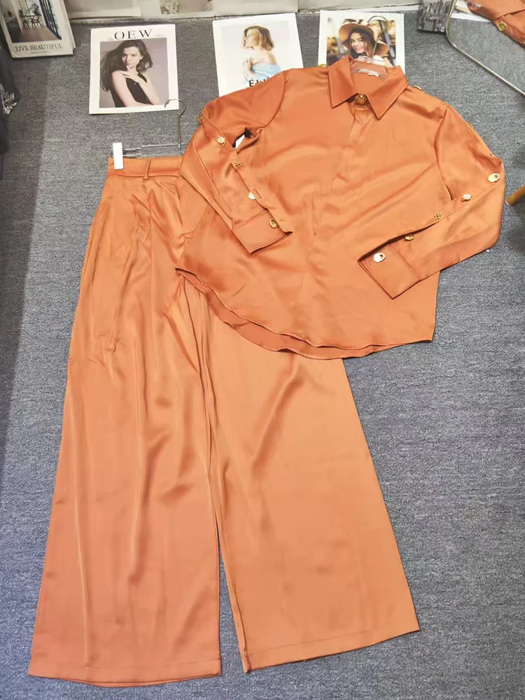 

A retro satin lapel button-down long-sleeved straight shirt two-piece set + wide-leg pants fashion set for the autumn of 2025