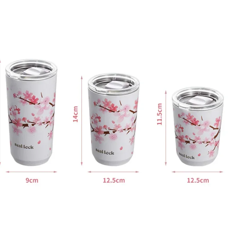 Stainless Steel Thermal Mug with Lids Cherry Printing Water Bottle Sukura Vacuum Insulated Leakproof Drinkware Beer Cup for Gift