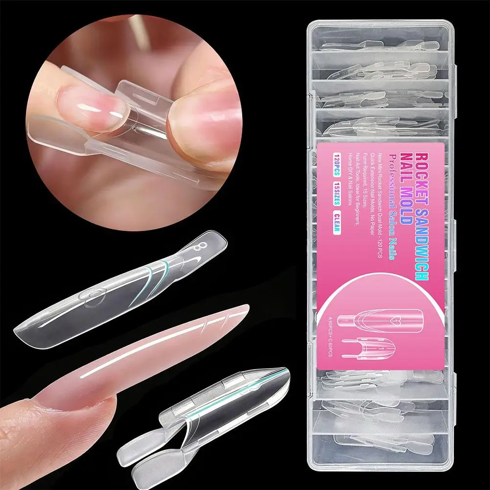 120Pcs 15Size Sandwich Dual Nail Forms Rocket Shape Full Cover Top & Bottom Mold For Nail Art Extension Manicure Kit