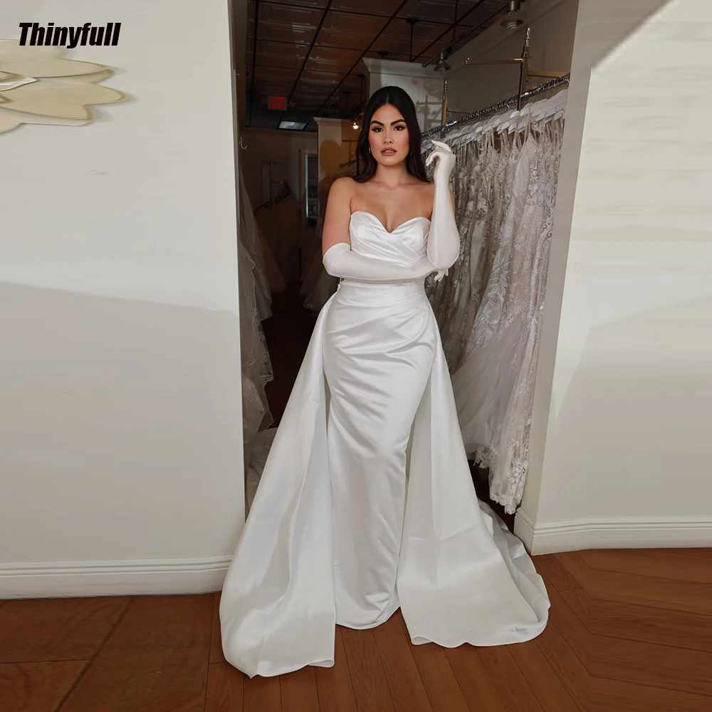 

Thinyfull Mermaid Simple Wedding Dress Sleeveless Satin Wedding Dress Detachable Train Bridal Gown without Glove Robes De Soirée