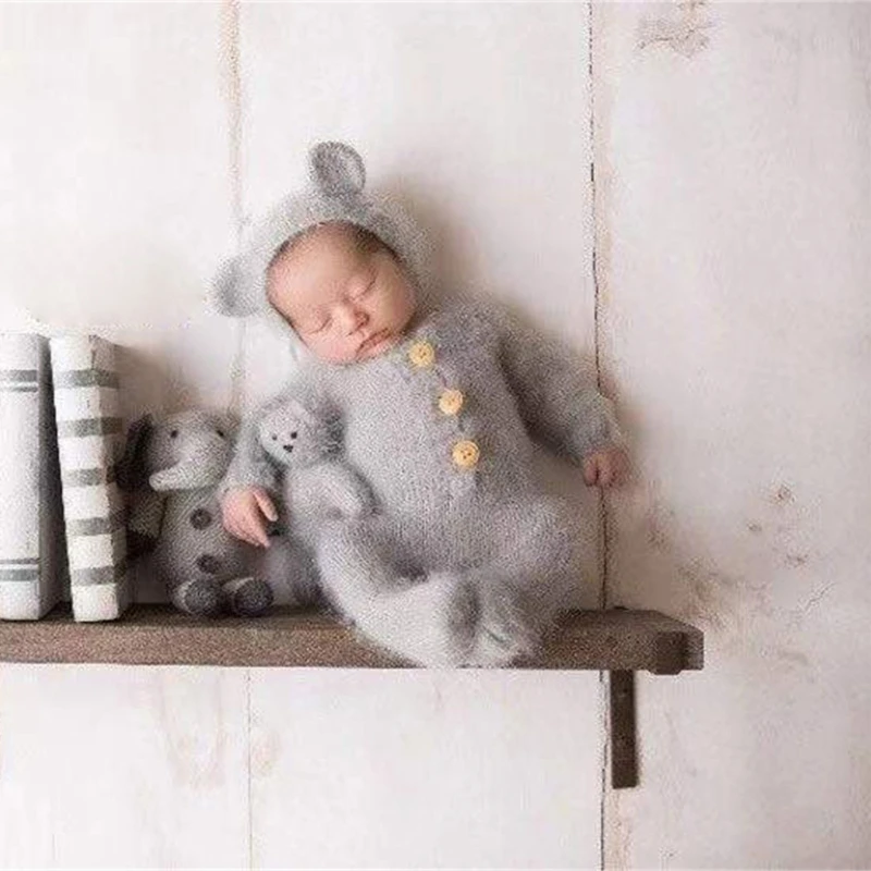 Vêtements de photographie pour nouveau-né, chapeau à oreilles d\'ours en mohair avec barboteuse, accessoire photo pour bébé