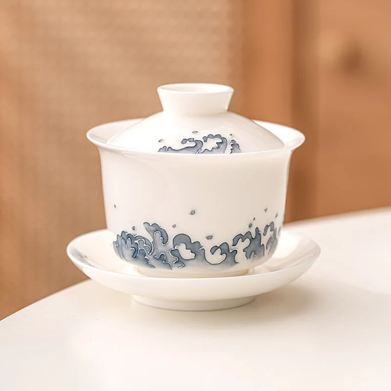 Dehua Sheep Fat Jade Wave Three Cover Bowl A Single High-end Household Ceramic Tea Bowl With Cover Chinese Kung Fu Tea Set