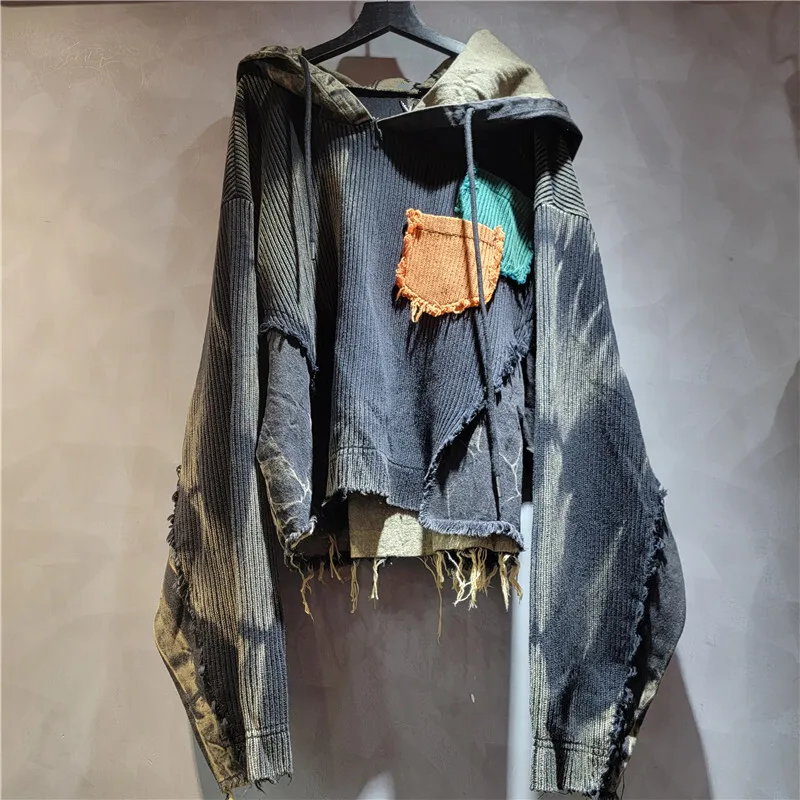 WTHT Vintage Fashion Women's Wash Patchwork Knit Hooded Tops 2025 Autumn Trendy Long Sleeves Pullovers Female 1LS2528
