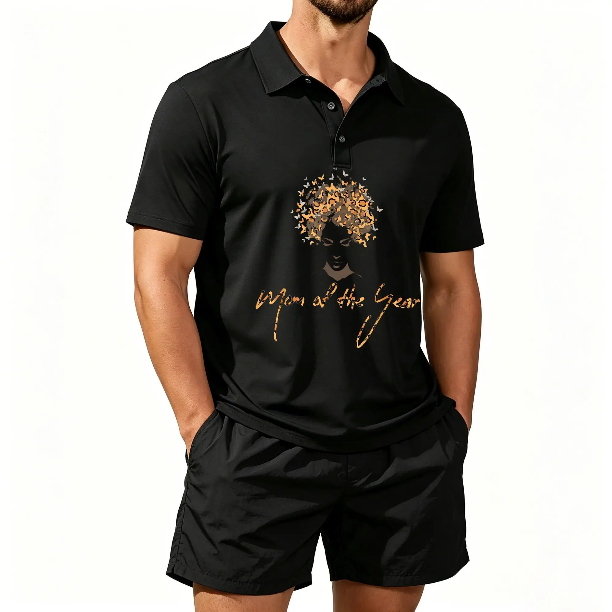 Conjunto de camisa polo de manga corta para hombre, diseño de moño de mariposa con estampado de leopardo para el día de la madre, adecuado para uso diario y actividades al aire libre, tela transpirable y suave, lavable a máquina