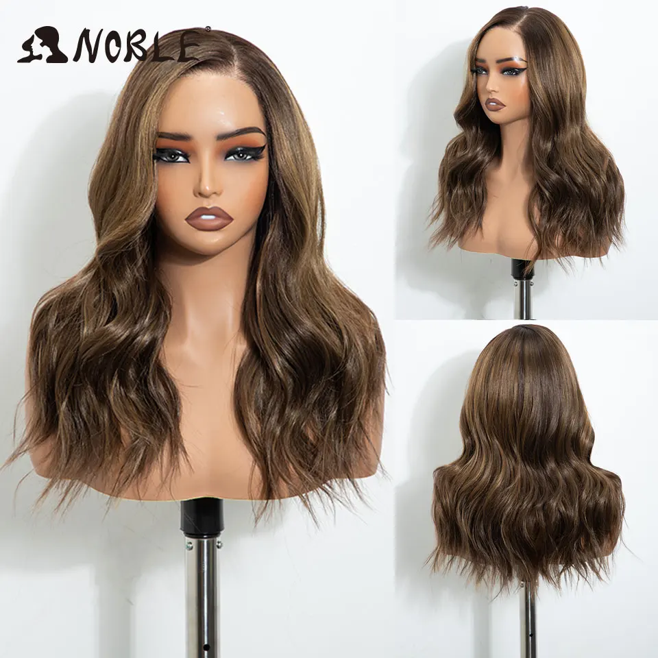 Noble Synthetic Lace Front Wig 6X4 Lace Free Part Pre Plucked Wavy Wig 18 Inch Wavy Layered WigOmbre Brown Blonde Wigs For Women