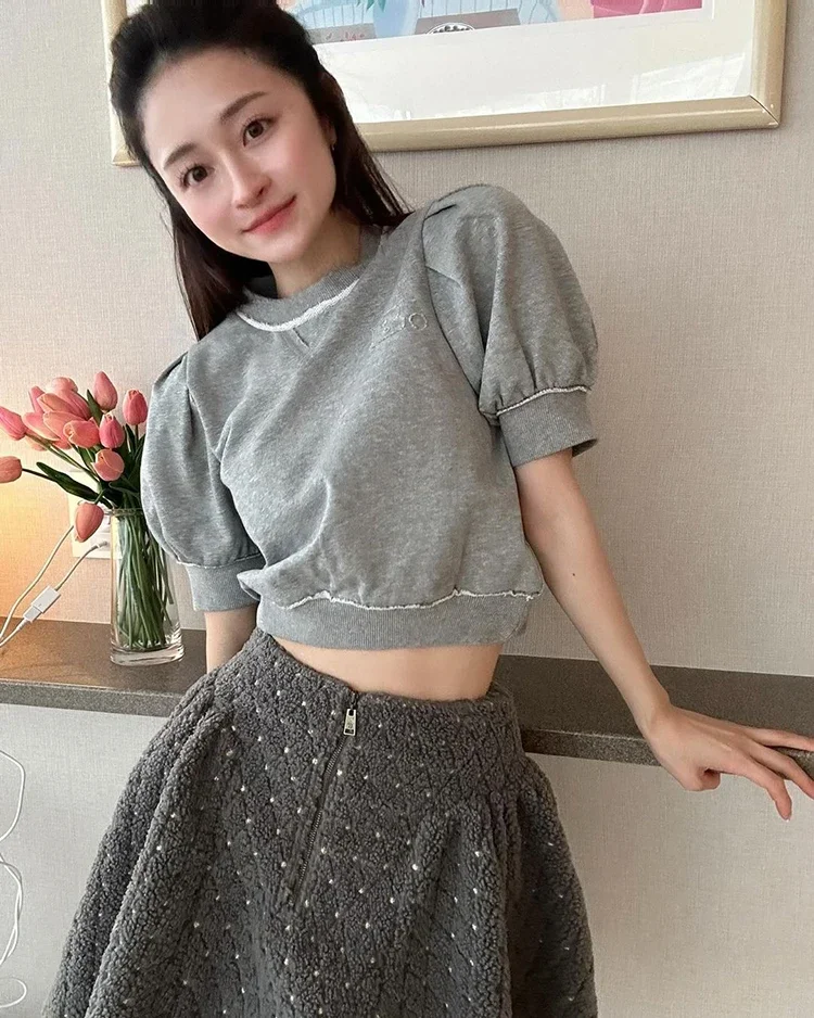 Japanese New Autumn Small Letters Round Neck Puff Sleeves Short Sweatshirt Solid Color Female Girls Casual Cropped Tops T-Shirts