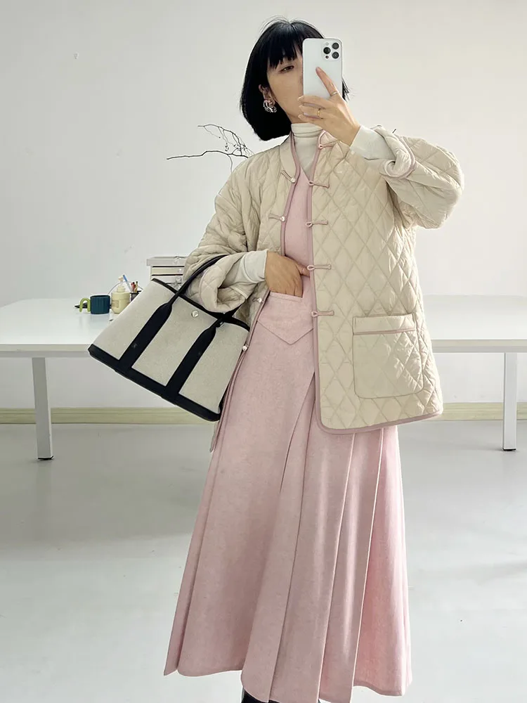 

Loose Women's Camel down Cotton Jaet New Chinese Sle Winter Outerwear Color Blo Stand Collar Long Sve Mid-Length