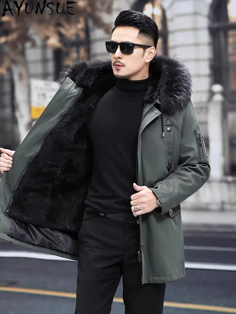 AYUNSUE New Real Fur Parkas Men Hooded Raccoon Collar Winter Detachable Rabbit Fur Liner Jacket Mid-length Natural Fur Coat Man