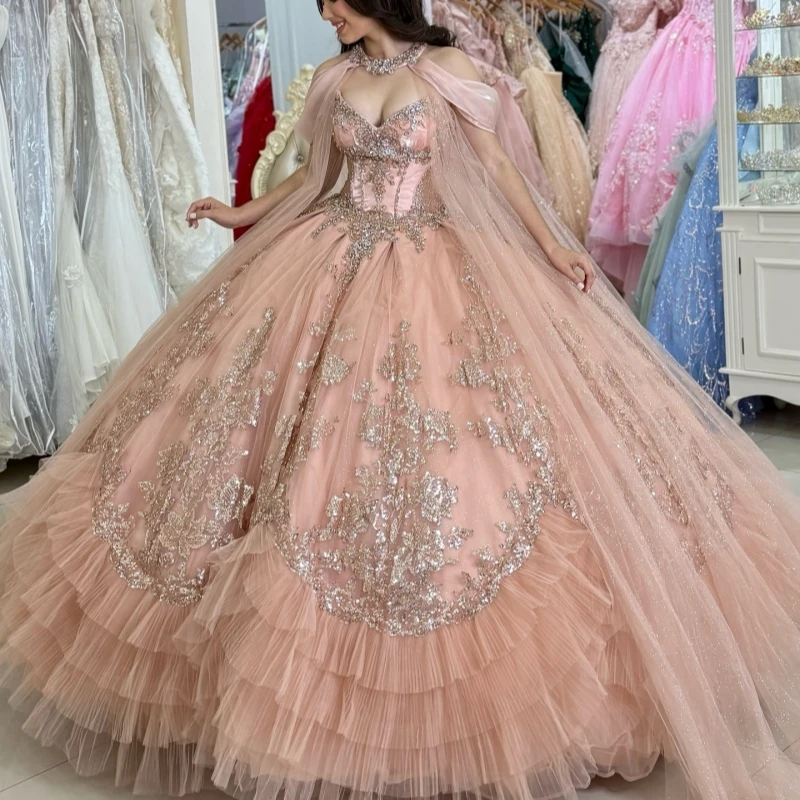 

Pink Shiny Ball Gown Quinceanera Dresses Off The Shoulder Sequin Applique Lace Beads Tiered Tull Party Birthday Sweet 16 Dress