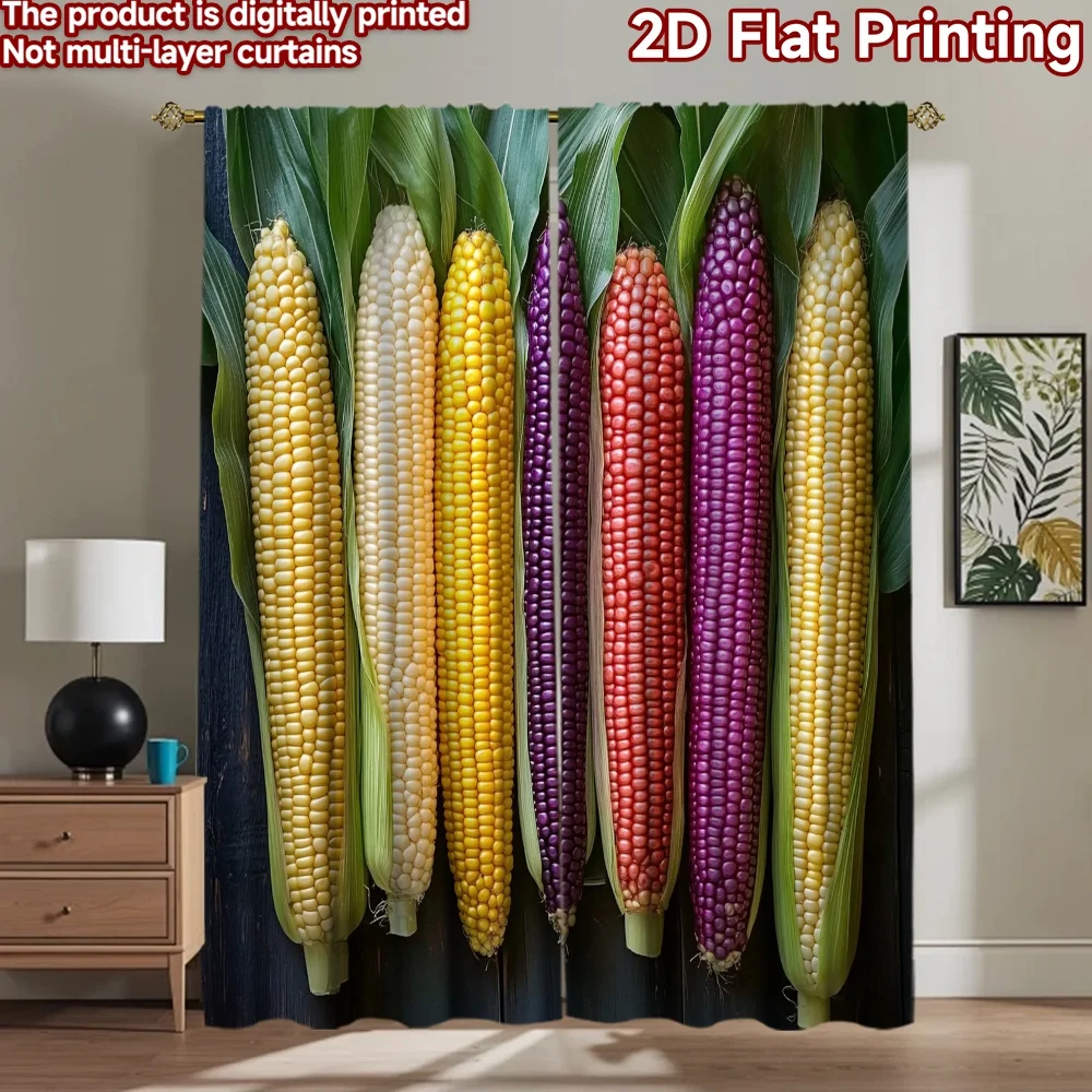 2D flat 2pcs Curtain Country Style Rainbow Corn Cobs Digitally printed polyester, colorfast Party & Holiday Decor for Holiday