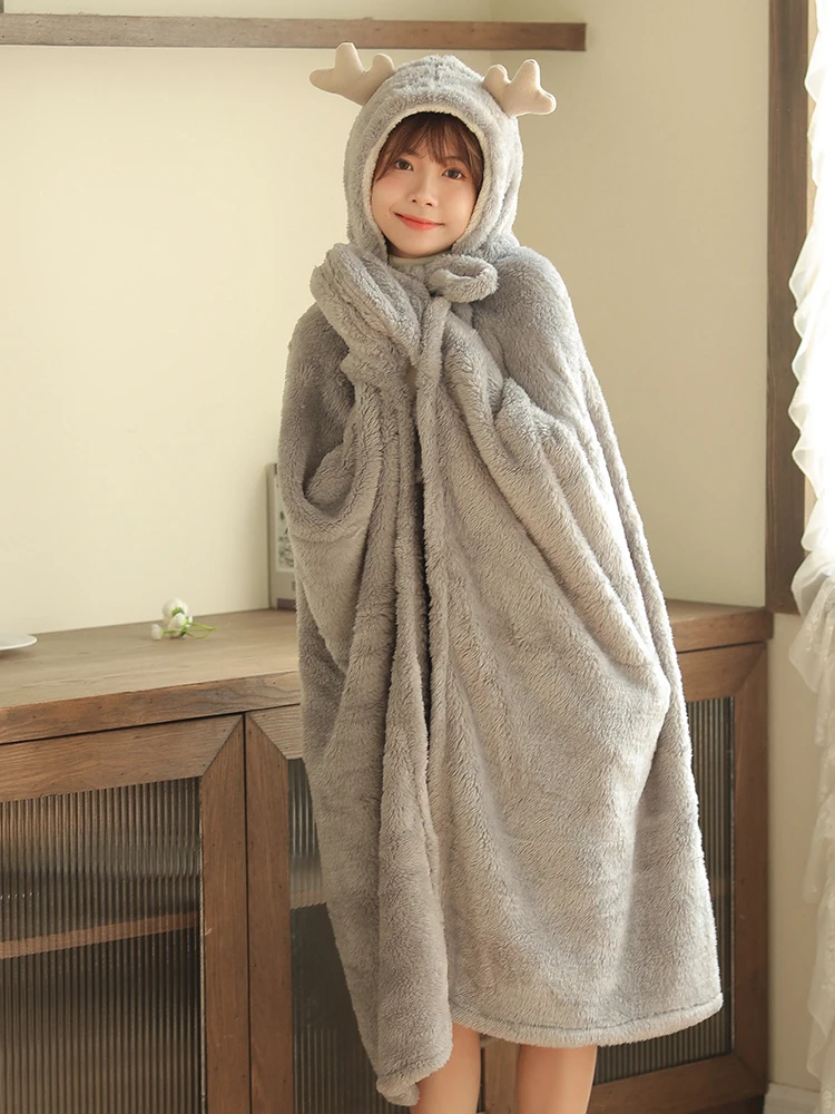 Korean version 2023 autumn winter deer cloak shawl blanket plush office nap thick warm cute nightgown student lazy cloak chic