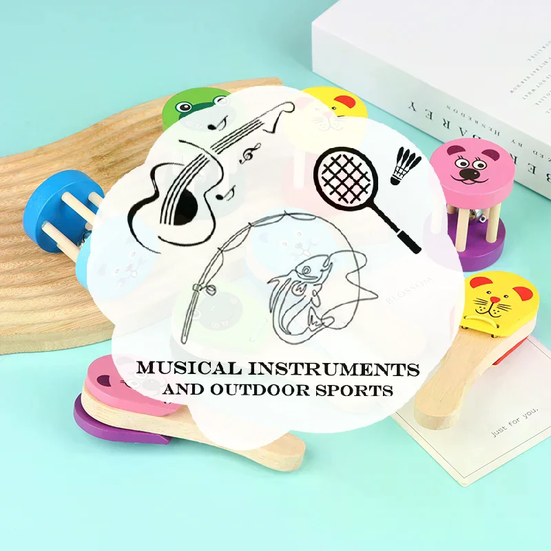 Castañuelas de madera con dibujos animados para niños, campanas de cinco púas, sonajero, instrumentos musicales, juguetes educativos para niños