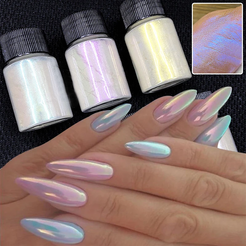 Polvo de uñas con purpurina de neón Aurora, pigmento de perlas para arte de uñas, cromo, azul, manicura holográfica