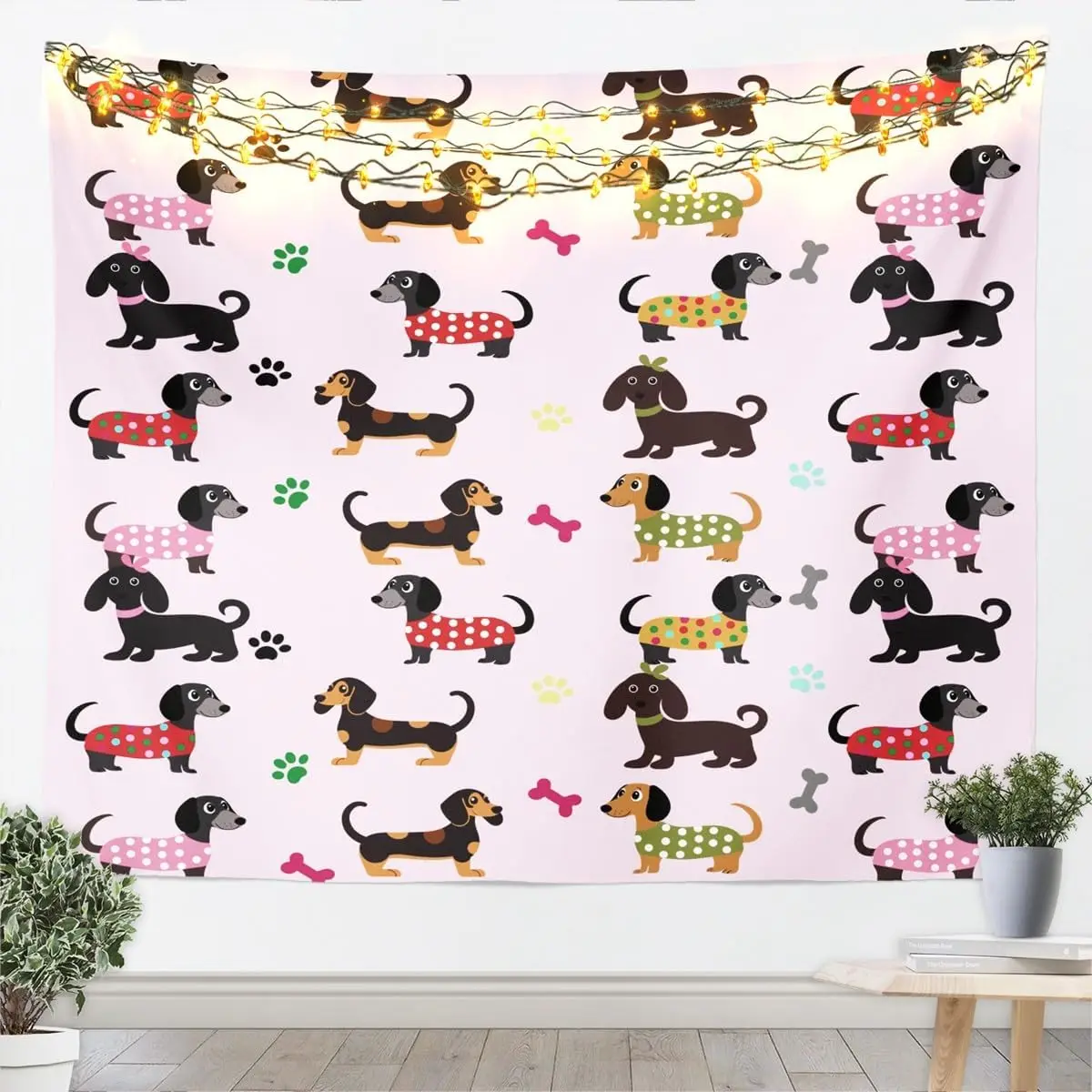 Dachshund Pattern Tapestry, Playful Wiener Dogs with Paw and Bone Prints Wall Hanging for Whimsical and Cheerful Home Decor