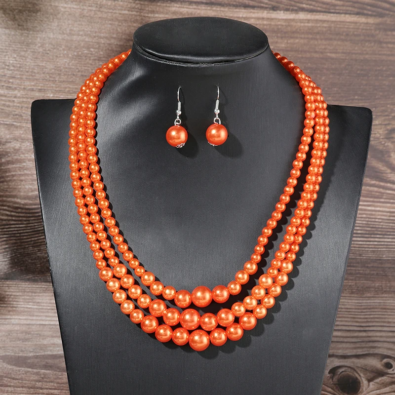 1set Three Layer Imitation Pearl Jewelry Set Party Orange Yellow Necklace Earrings For Women African Necklace Earrings S