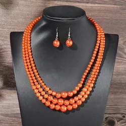 1set Three Layer Imitation Pearl Jewelry Set Party Orange Yellow Necklace Earrings For Women African Necklace Earrings S