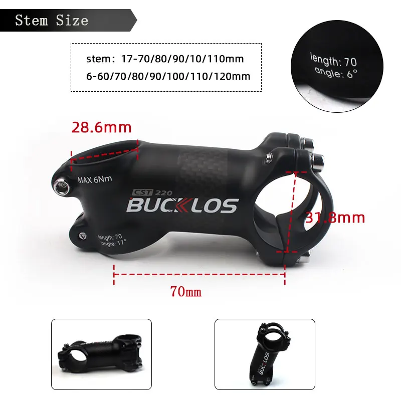 BUCKLOS Carbon Fiber Bike Stem 31.8mm 6/17 Degree Bicyle Handlebar Stem 60/70/80/90/100/110/120mm Road MTB Power Part