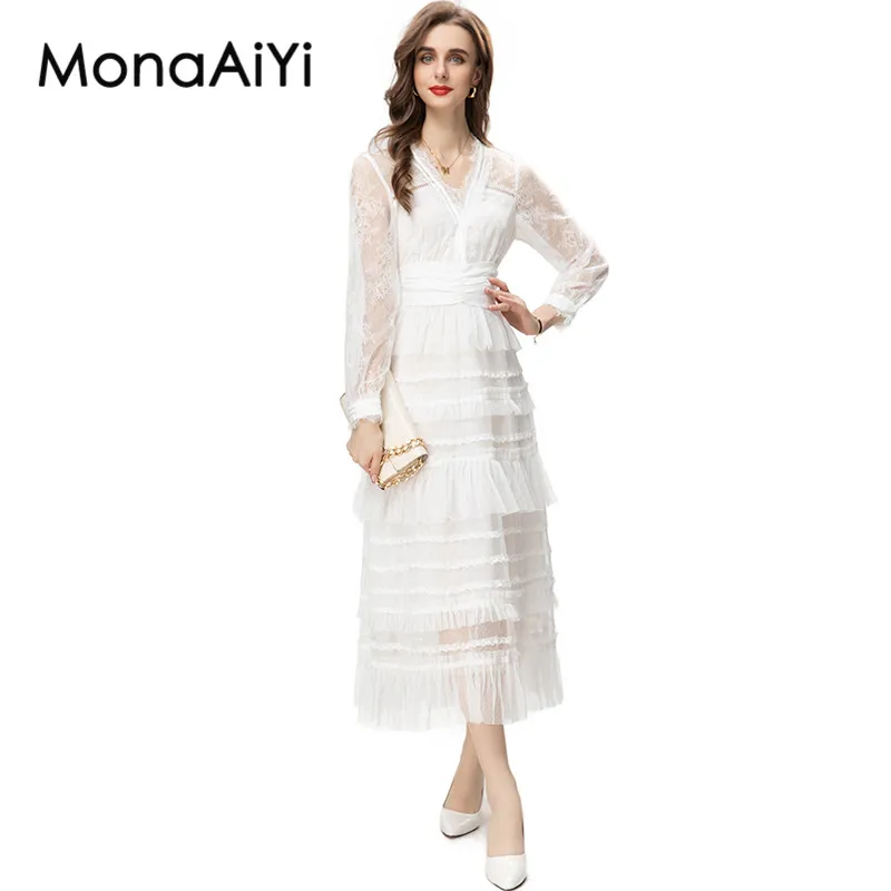 

MonaAiYi Fashion Designer Sweet Dress Women's V-Neck Translucent Long Sleeve Mesh Lace Ruffles Tiered High Street White Dress