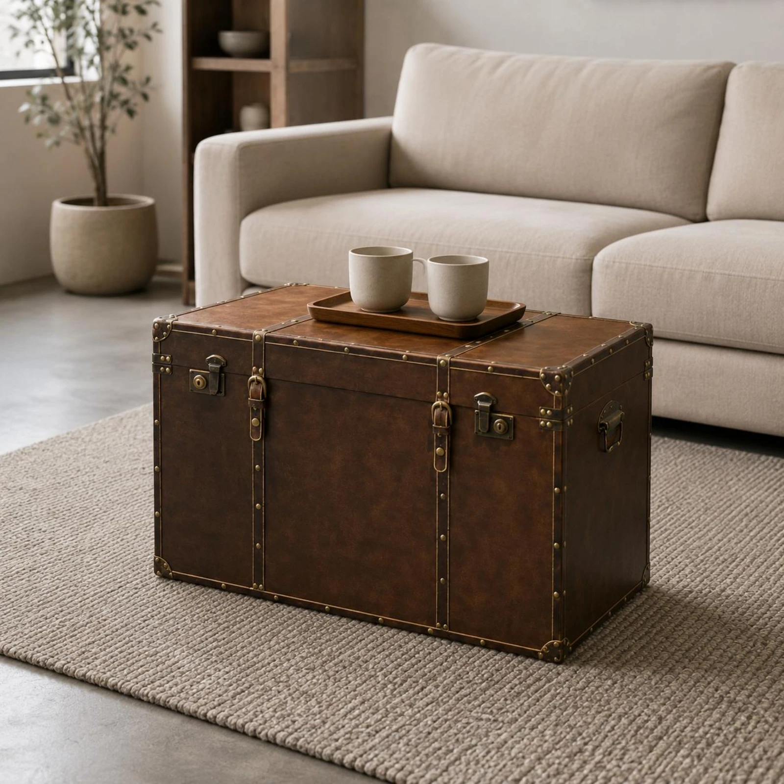 Vintage Suitcase Trunk Lockable Clasp Vintage Storage Trunk Leather-Like Finish Decorative Display