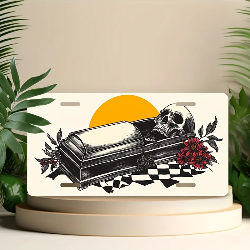 Gothic Skull & Floral License Plate Frame - 15.24x30.48 cm Heavy-Duty Aluminum Metal Car, Truck, SUV License Plate Holder with S